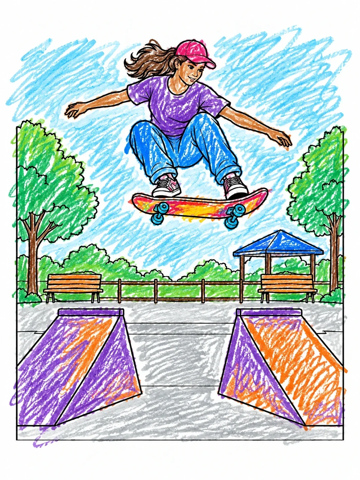 Colored example of the Skater Girl Jumping Over Ramps coloring page