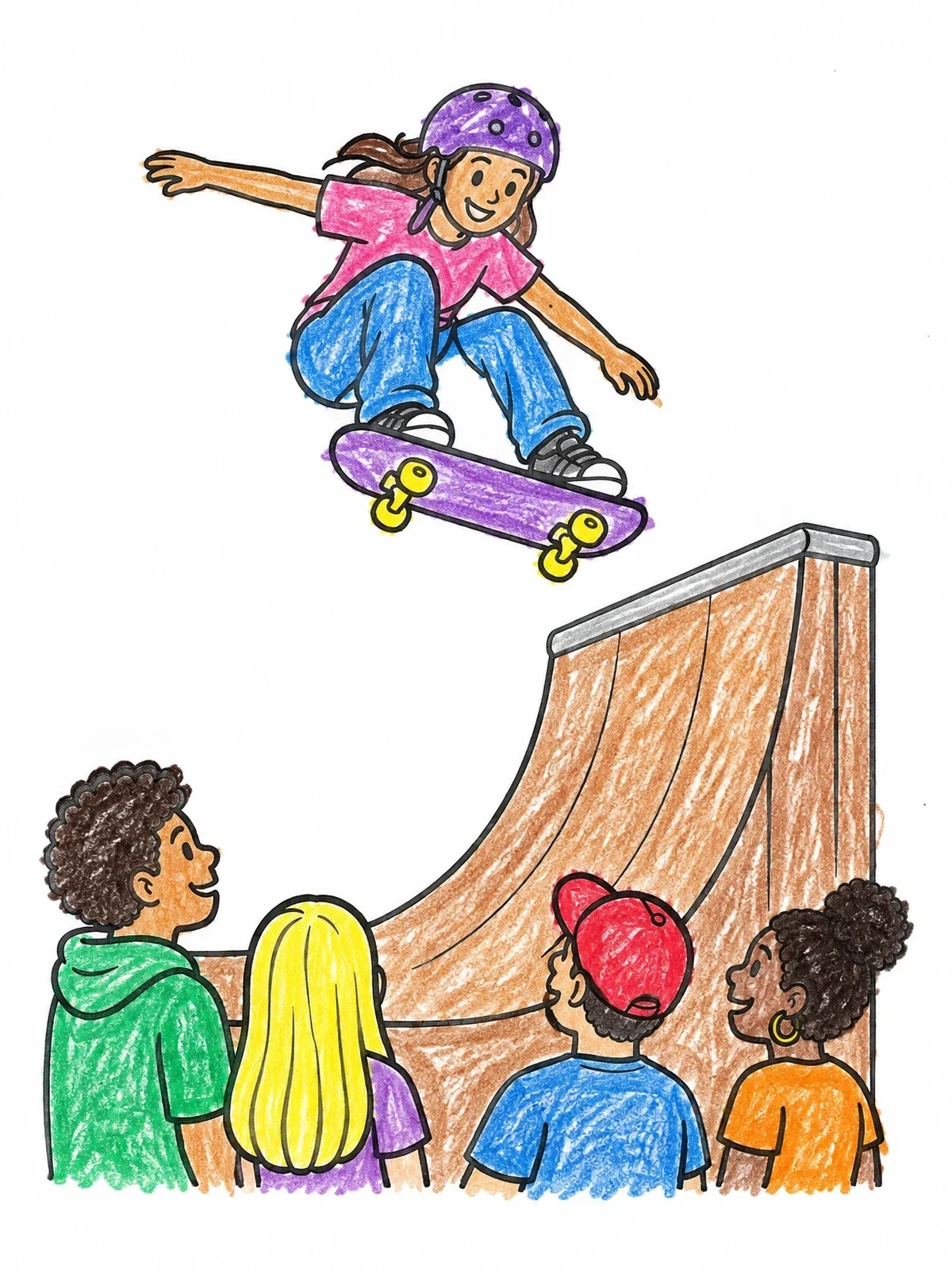Colored example of the Skater Girl Jumping Above Ramp coloring page