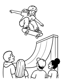 Free printable Skater Girl Jumping Above Ramp coloring page