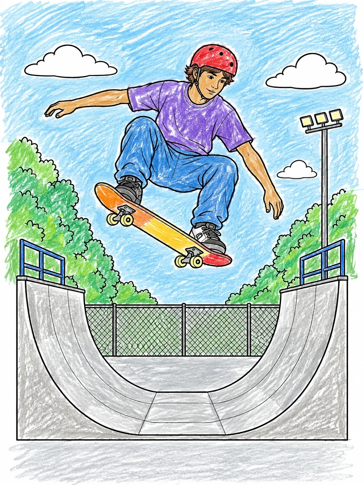 Colored example of the Teen Skater Jumping Over Halfpipe coloring page