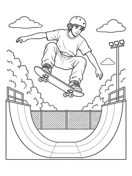 Free printable Teen Skater Jumping Over Halfpipe coloring page