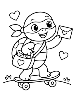 Free printable Skateboarding Valentine Turtle Delivery coloring page