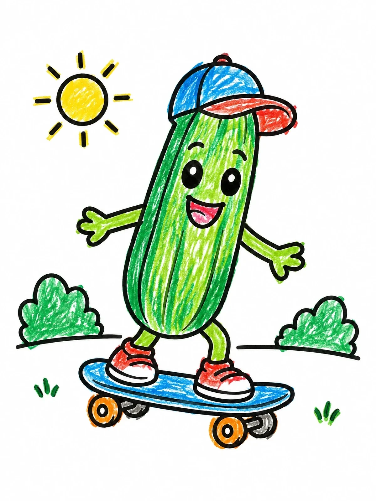 Colored example of the Skateboarding Zucchini With Cap coloring page