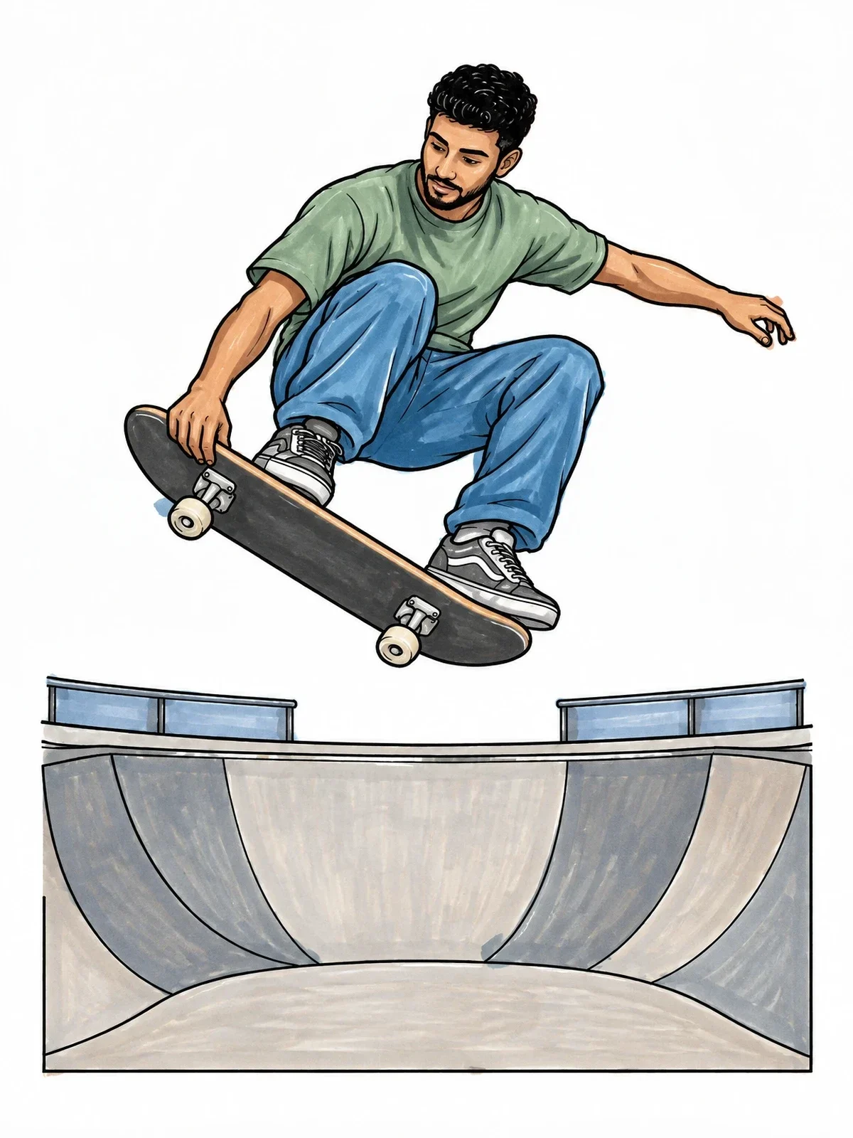 Colored example of the Skater Doing Air Trick In Skatepark coloring page