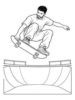 A young skater catching air above a bowl in this skate park coloring page.
