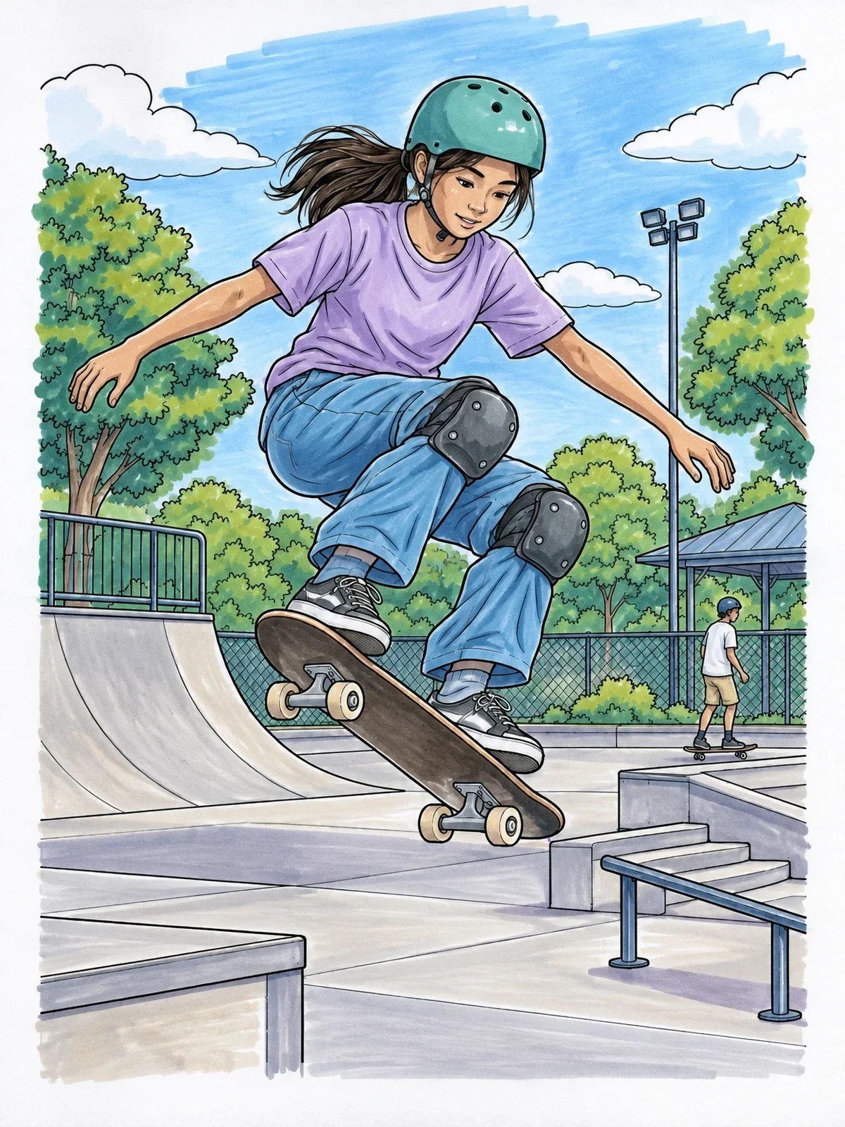 Colored example of the Skater Girl Landing A Trick coloring page