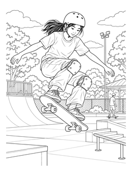 A teen doing an ollie at a skatepark in this girl power coloring page.