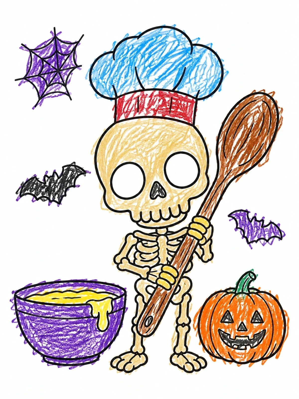 Colored example of the Cute Skeleton Chef With Spoon coloring page
