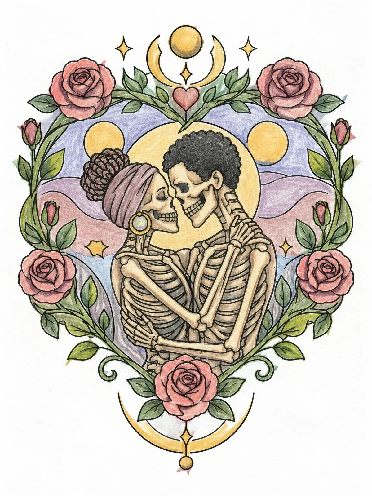 Colored example of the Embracing Skeletons In Heart Wreath coloring page