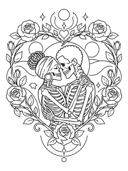 Skeleton couple coloring page framed by a floral heart wreath with roses.