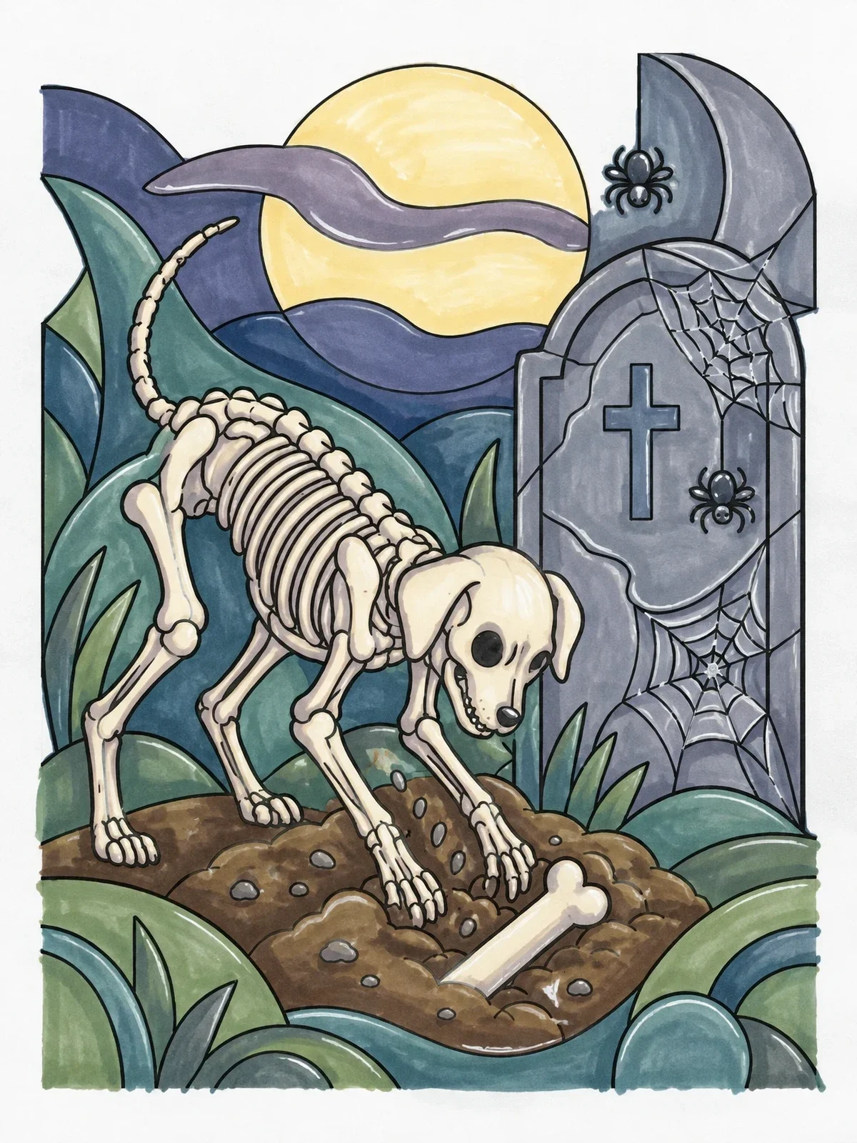 Colored example of the Skeleton Dog Digging Near Tombstone coloring page