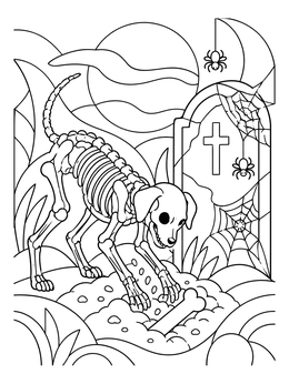 A playful skeleton dog unearths a bone on this graveyard coloring page with cobwebs and tombstones.