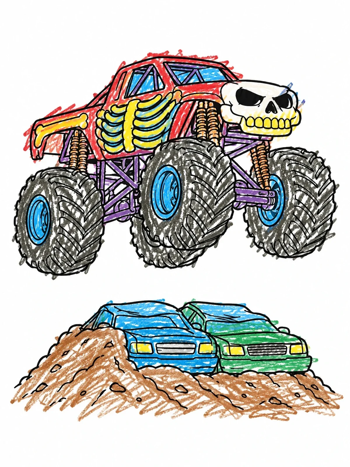 Colored example of the Skeleton Monster Truck Jumping Over Obstacle coloring page