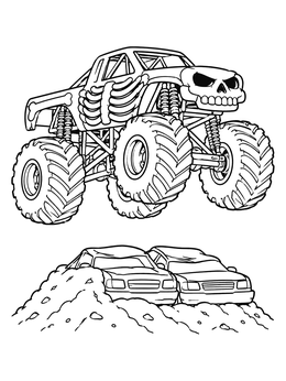 A skull-themed monster truck coloring page soaring high above crushed cars on a dirt mound.
