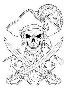 Detailed skull in a tricorn hat on this pirate coloring page with crossed cutlasses.