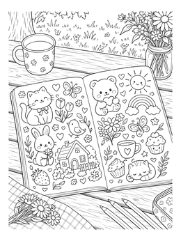 An open sketchbook on a picnic table featured in a doodle coloring page.