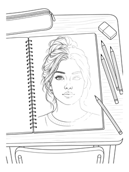 An unfinished portrait coloring page inside a sketchbook on a desk with pencils.