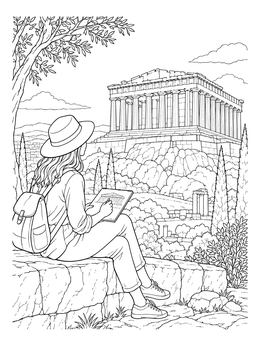 An artist drawing the ancient ruins on this detailed parthenon coloring page.