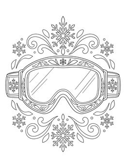 Detailed ski goggles framed by snowflakes on this skiing coloring page.
