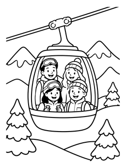 A smiling family rides a gondola in this skiing coloring page with snowy mountain pines.
