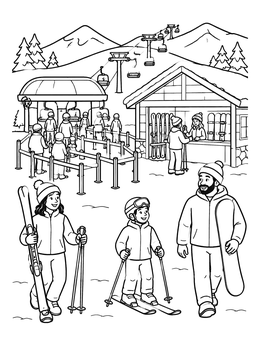 Free printable Family At The Ski Resort Base coloring page