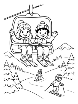 Free printable Kids Waving From A Ski Lift coloring page