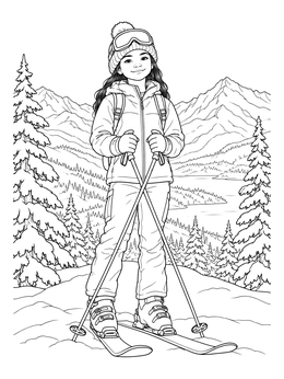 A smiling girl stands on a snowy mountain peak in this detailed skiing coloring page.