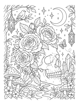 A detailed skull crown with blooms on this enchanting rose coloring page.
