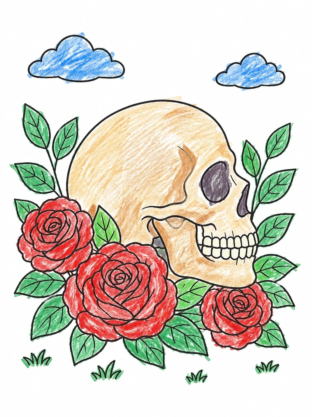 Colored example of the Skull And Blooming Roses Tattoo coloring page