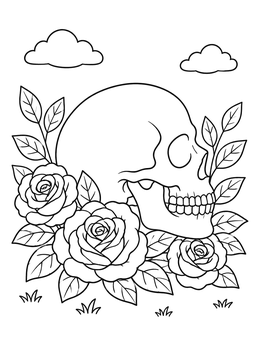 Free printable Skull And Blooming Roses Tattoo coloring page