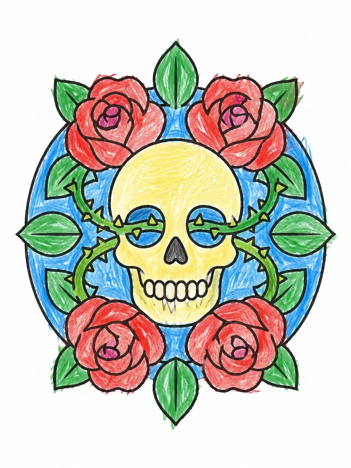 Colored example of the Skull And Roses Tattoo Art coloring page