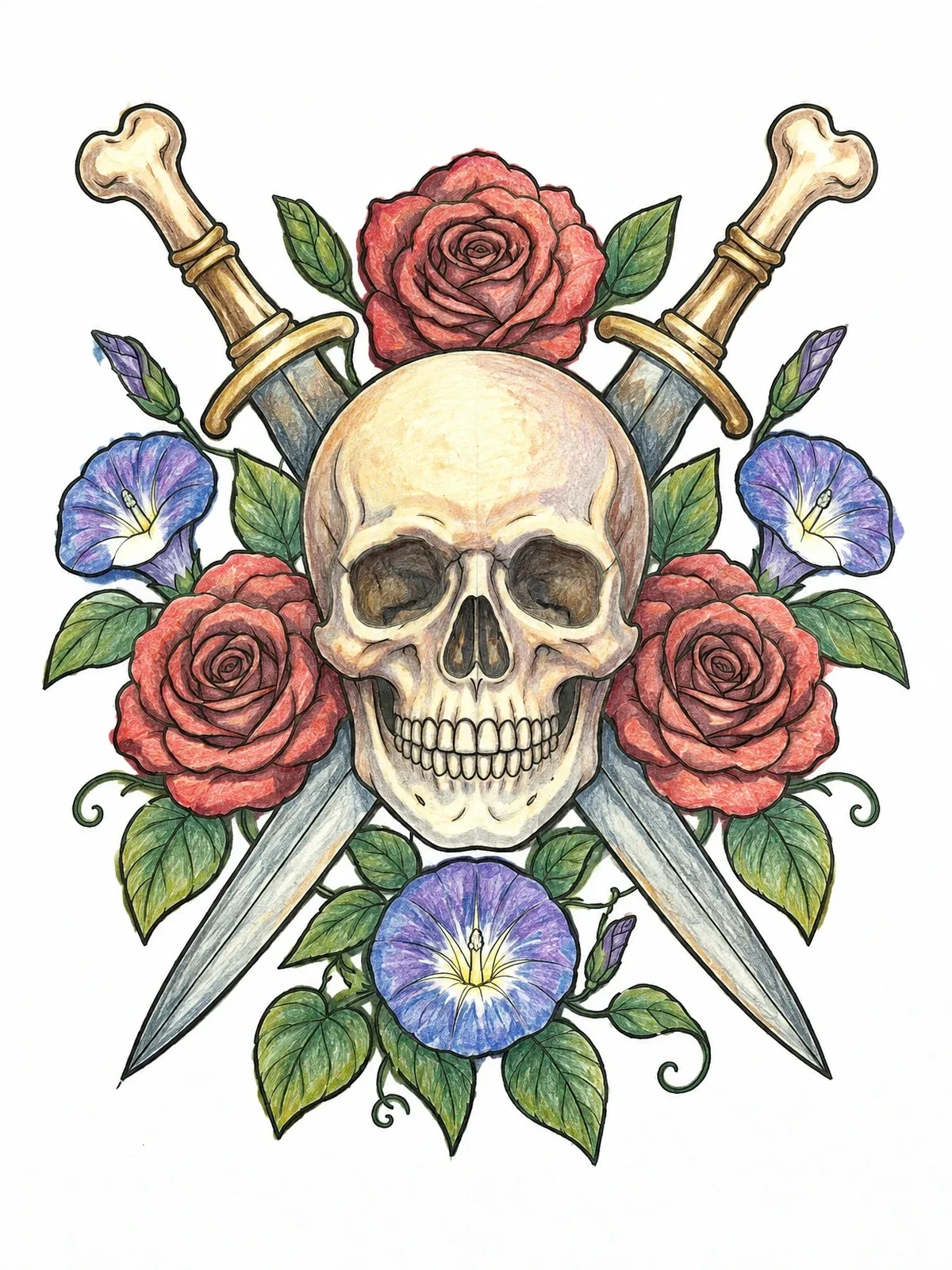 Colored example of the Skull With Crossed Daggers And Roses coloring page