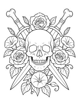 A detailed skull coloring page featuring crossed daggers, blooming roses, and morning glories.