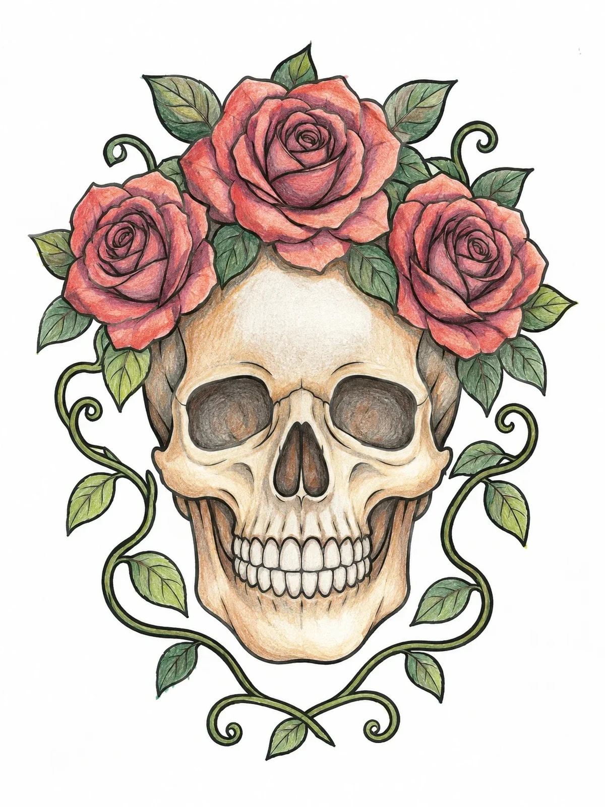 Colored example of the Skull Crowned With Blooming Roses coloring page