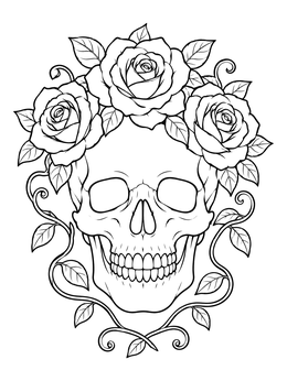 A detailed rose coloring page featuring a human skull crowned with full rose blossoms and vines.
