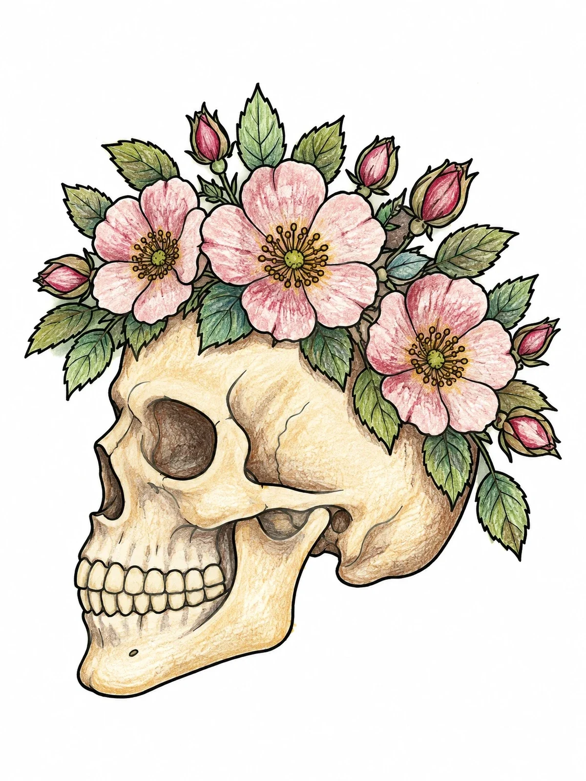Colored example of the Skull Crowned With Wild Roses coloring page
