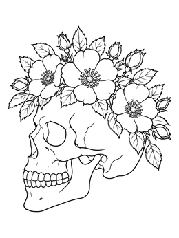 Side profile in this skull coloring page adorned with a floral wreath of blooming wild roses and buds.