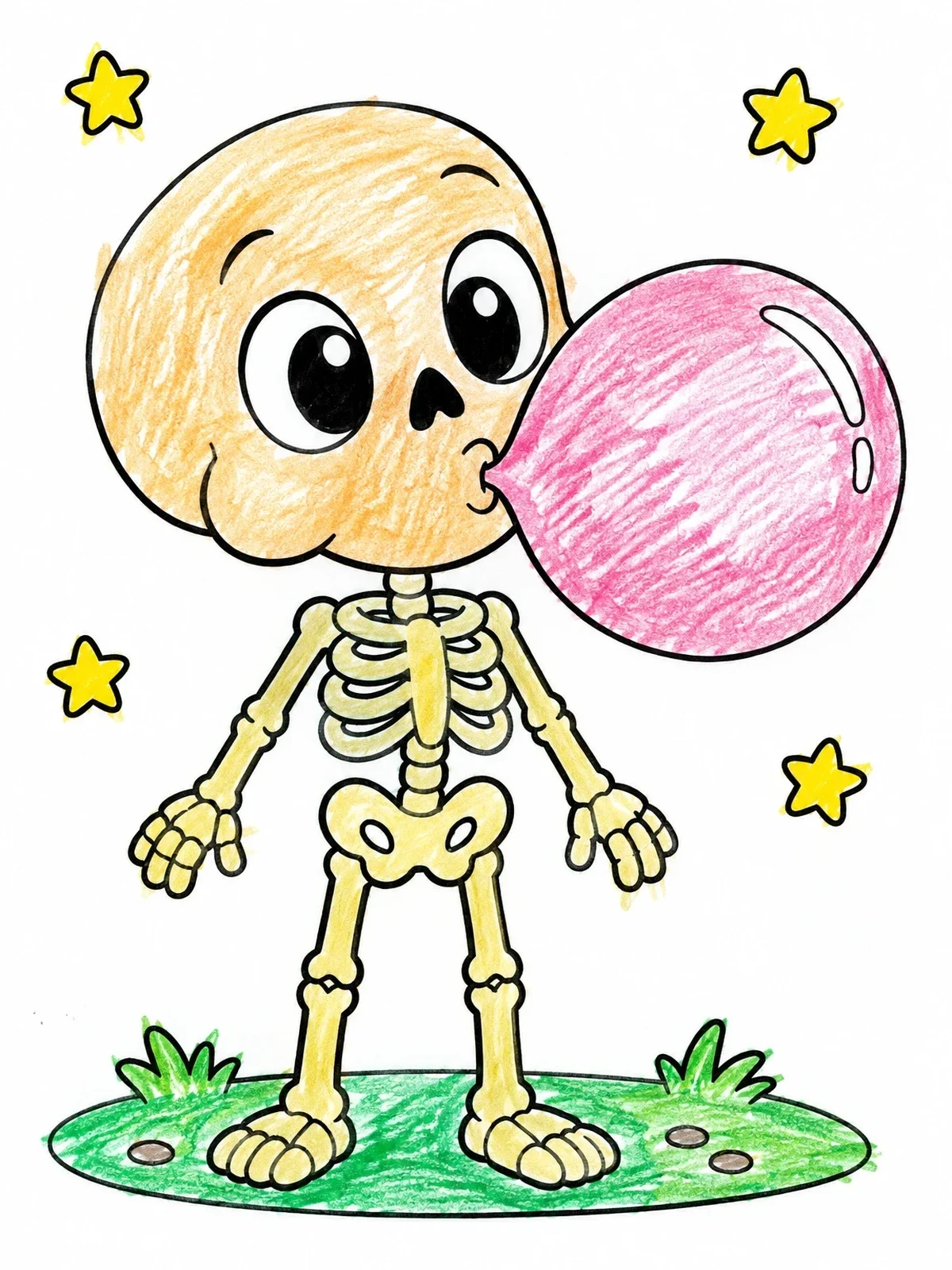 Colored example of the Cute Skeleton Blowing Bubblegum coloring page