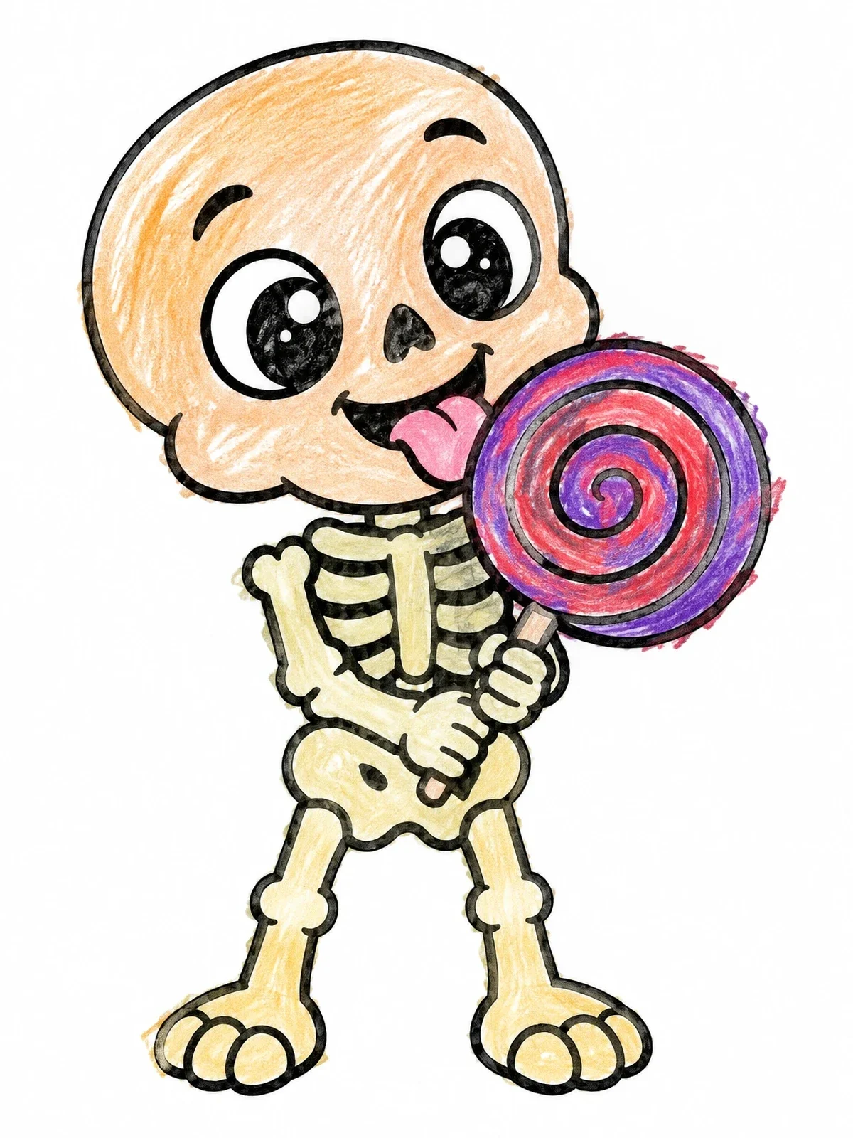 Colored example of the Cute Skeleton With Swirl Lollipop coloring page