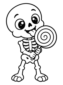 A cute cartoon skull coloring page showing a friendly skeleton licking a swirl lollipop.