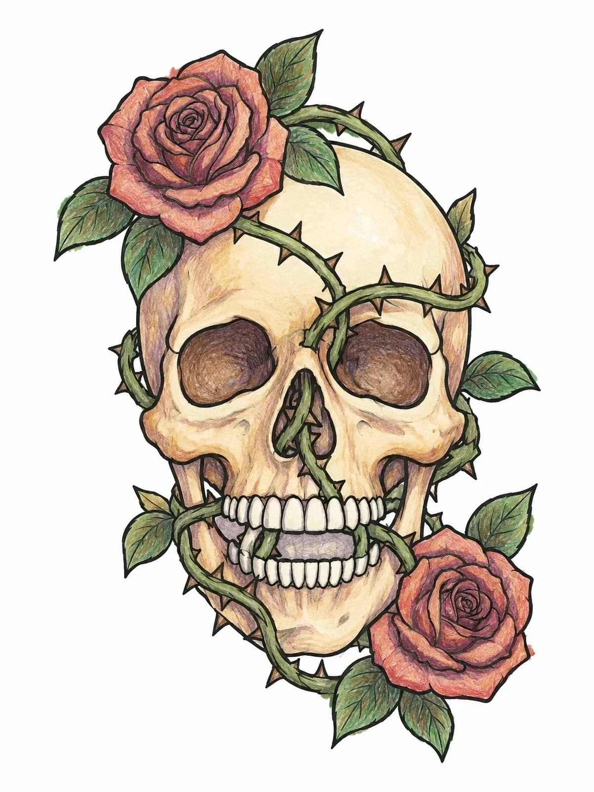 Colored example of the Skull Entwined With Rose Vines coloring page