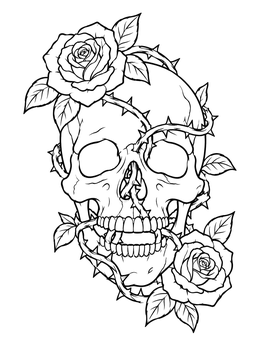 A detailed skull coloring page entwined with thorny rose vines and blooming flowers.