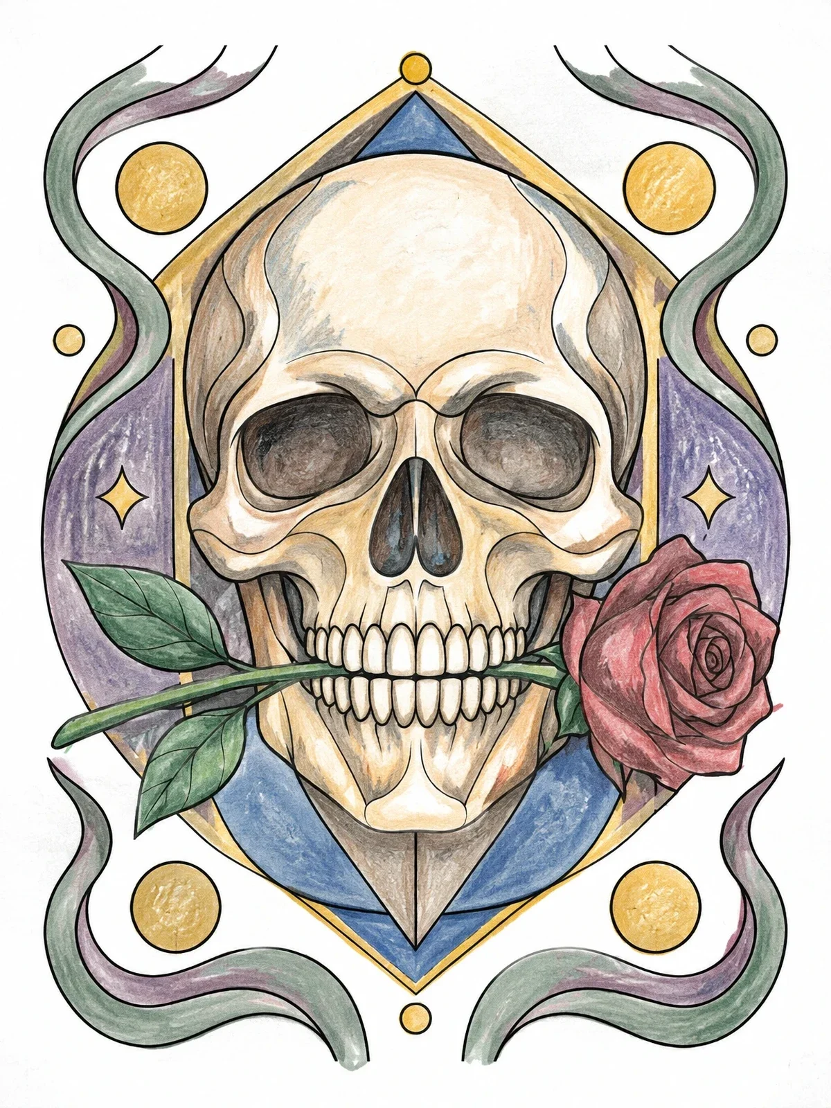 Colored example of the Skull Holding A Blooming Rose coloring page