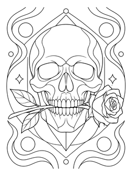Intricate skull holding a flower in this rose coloring page for adults.