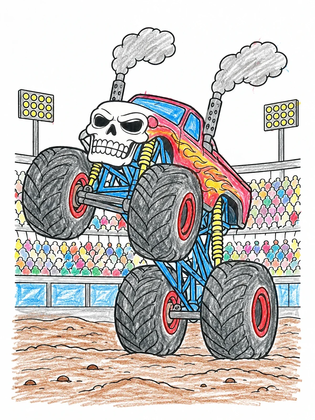 Colored example of the Skull Monster Truck Wheelie In Stadium coloring page