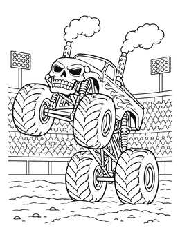 A skull-faced monster truck coloring page performing a massive wheelie in front of stadium lights.