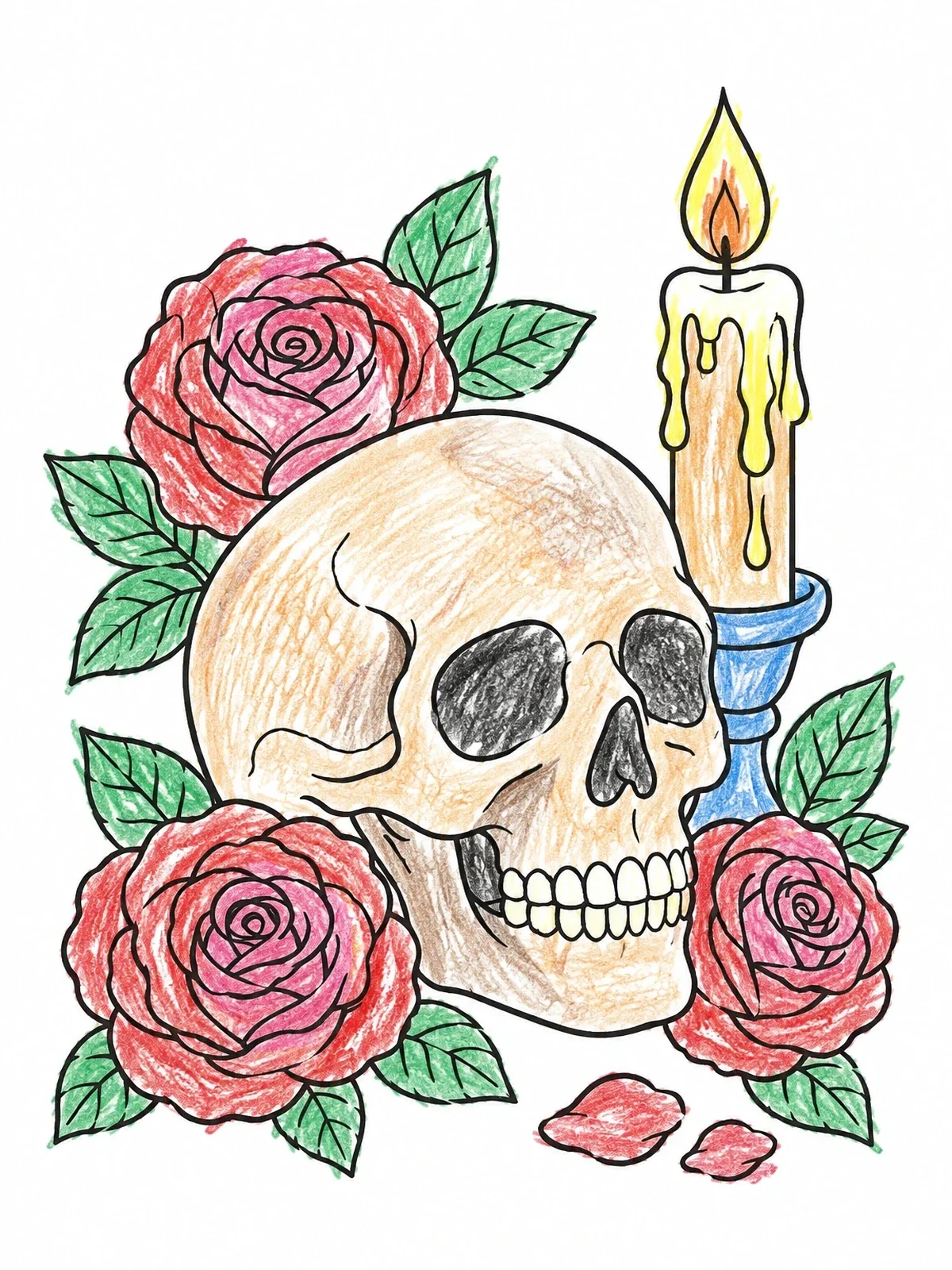Colored example of the Skull With Roses And Candle coloring page
