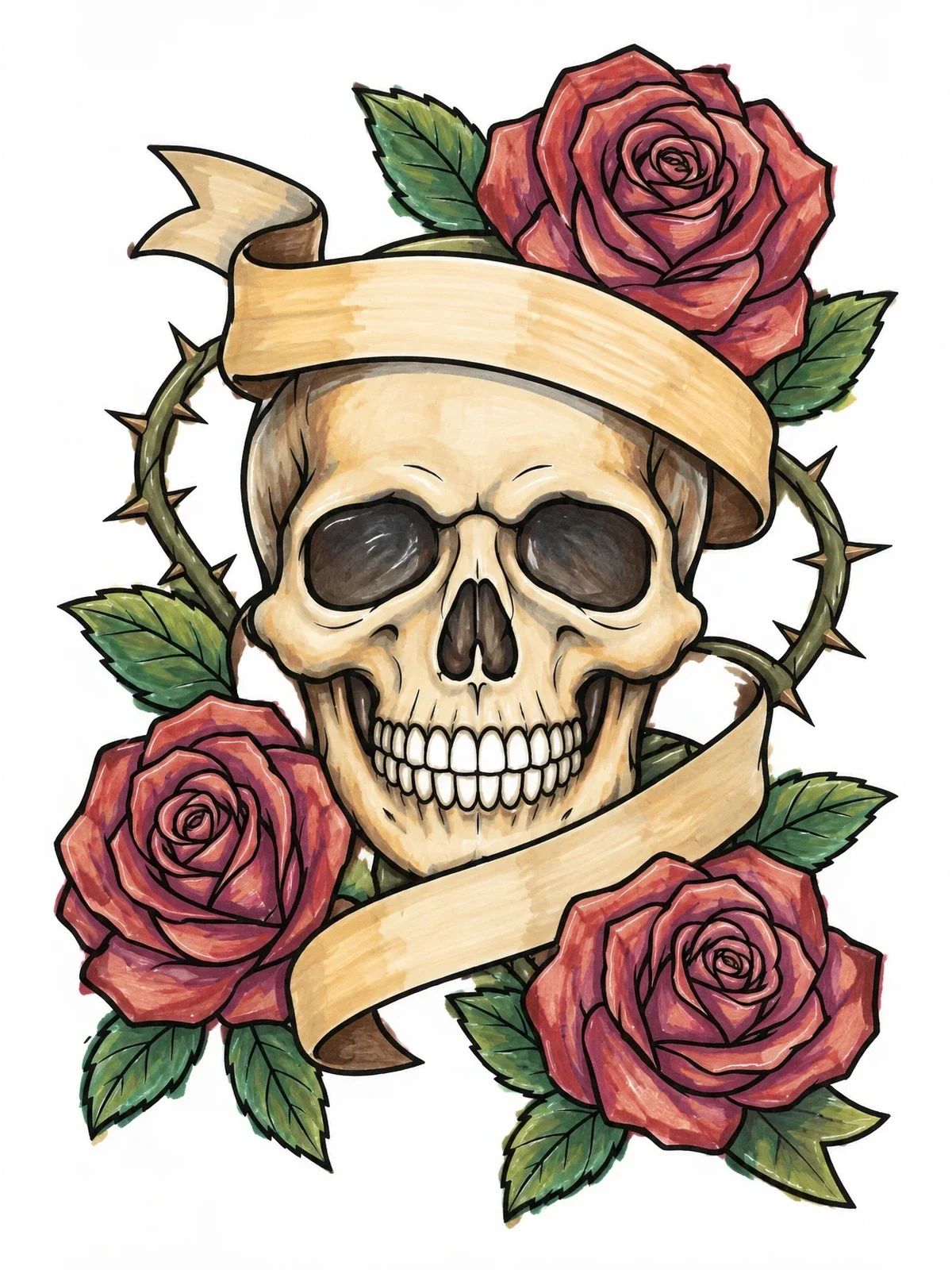 Colored example of the Skull With Roses And Ribbon Banner coloring page