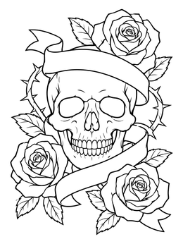 A detailed skull coloring page with blooming roses, thorny vines, and a ribbon banner.