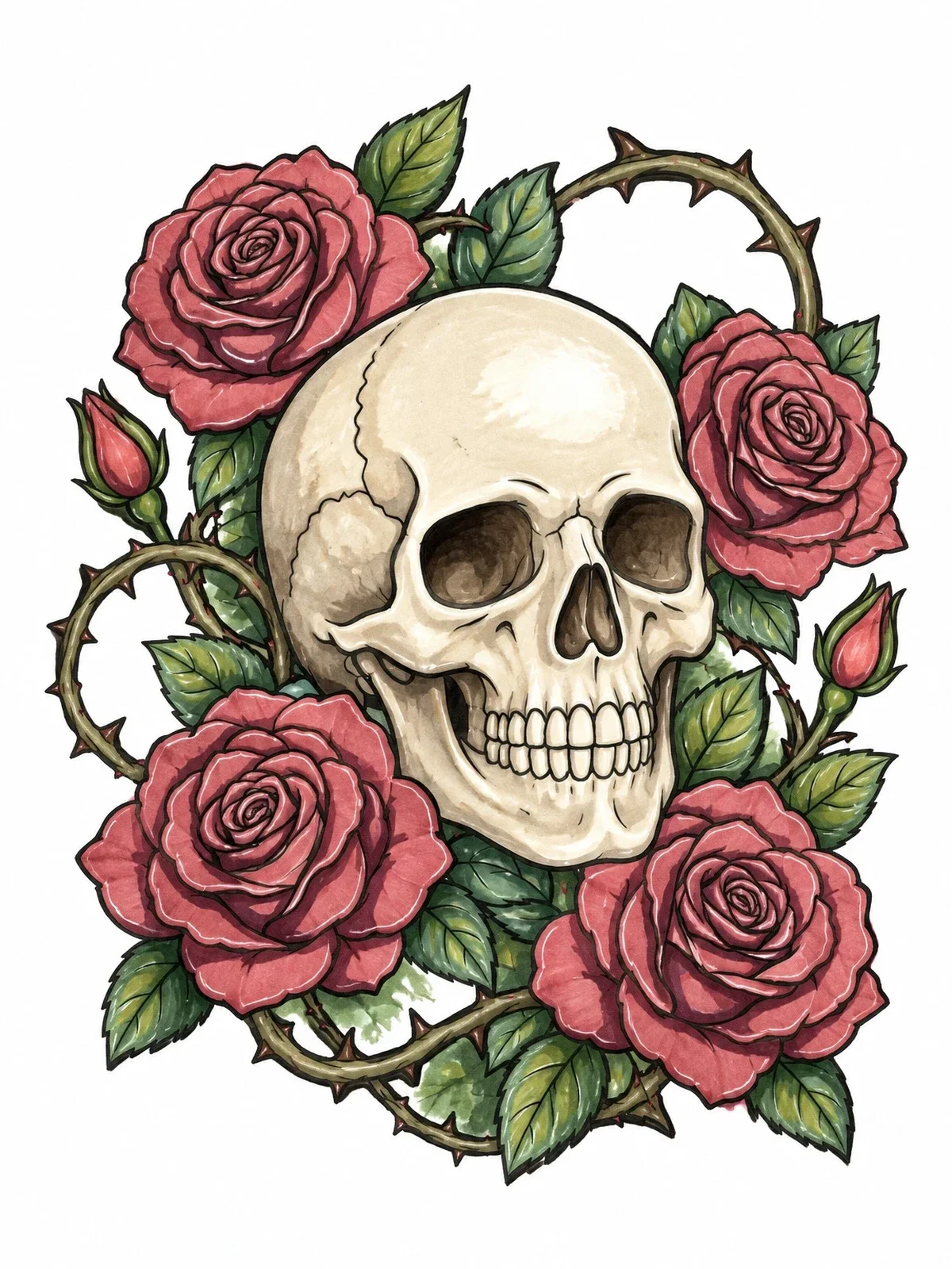 Colored example of the Skull Surrounded By Blooming Roses coloring page